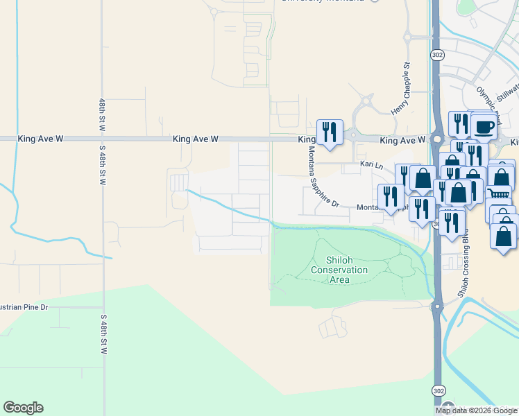 map of restaurants, bars, coffee shops, grocery stores, and more near Ducks Way in Yellowstone County