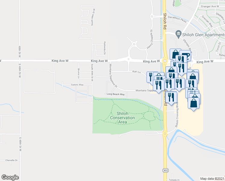 map of restaurants, bars, coffee shops, grocery stores, and more near Malibu Way in Billings