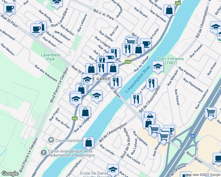 map of restaurants, bars, coffee shops, grocery stores, and more near in Repentigny