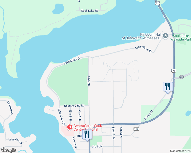 map of restaurants, bars, coffee shops, grocery stores, and more near 702 Main Street in Sauk Centre