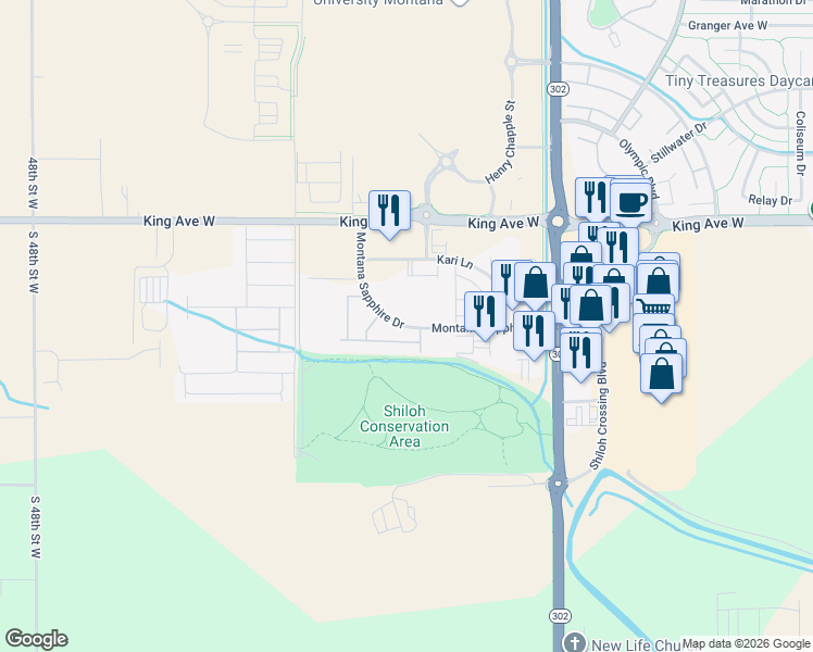 map of restaurants, bars, coffee shops, grocery stores, and more near 4115 Montana Sapphire Drive in Billings