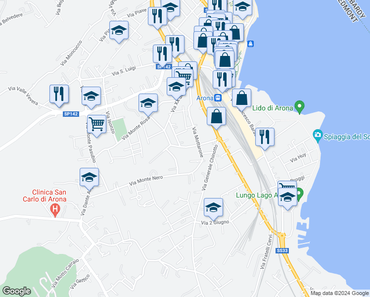 map of restaurants, bars, coffee shops, grocery stores, and more near 21 Via Monte Leone in Arona