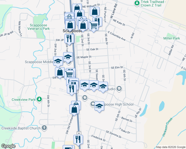 map of restaurants, bars, coffee shops, grocery stores, and more near 33691 Southeast Pickle Place in Scappoose
