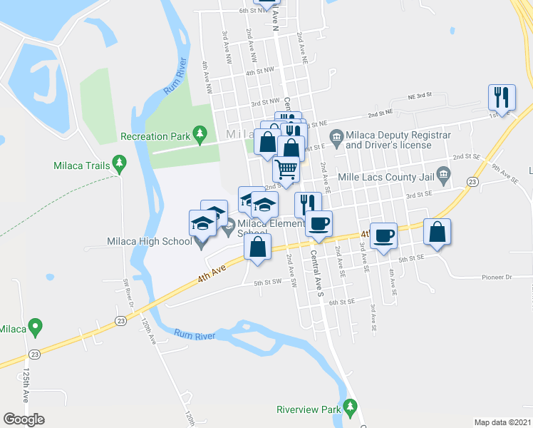 map of restaurants, bars, coffee shops, grocery stores, and more near 240 3rd Street Southwest in Milaca