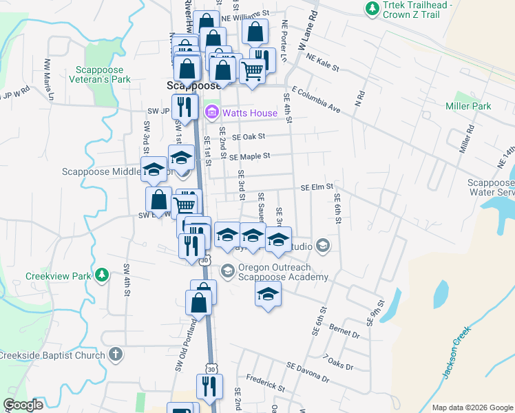 map of restaurants, bars, coffee shops, grocery stores, and more near 33690 Southeast Pickle Place in Scappoose