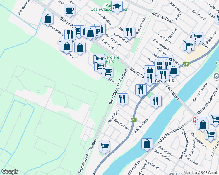 map of restaurants, bars, coffee shops, grocery stores, and more near 295 Boulevard Pierre le Gardeur in Repentigny