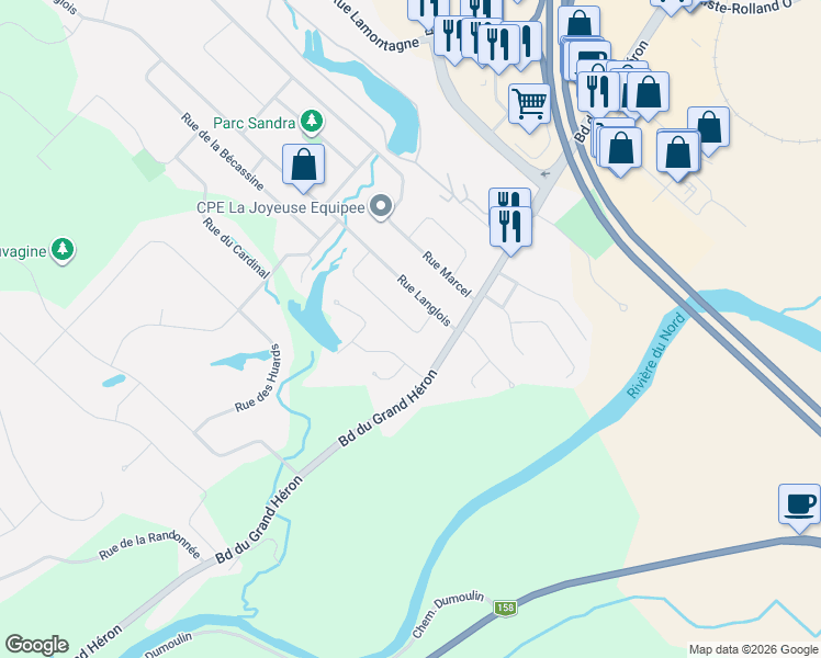 map of restaurants, bars, coffee shops, grocery stores, and more near 988 Rue du Buisson in Saint-Jérôme