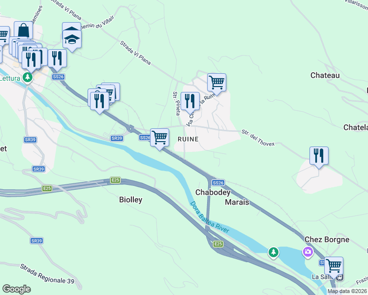 map of restaurants, bars, coffee shops, grocery stores, and more near 10 Strada Des Iles in Morgex