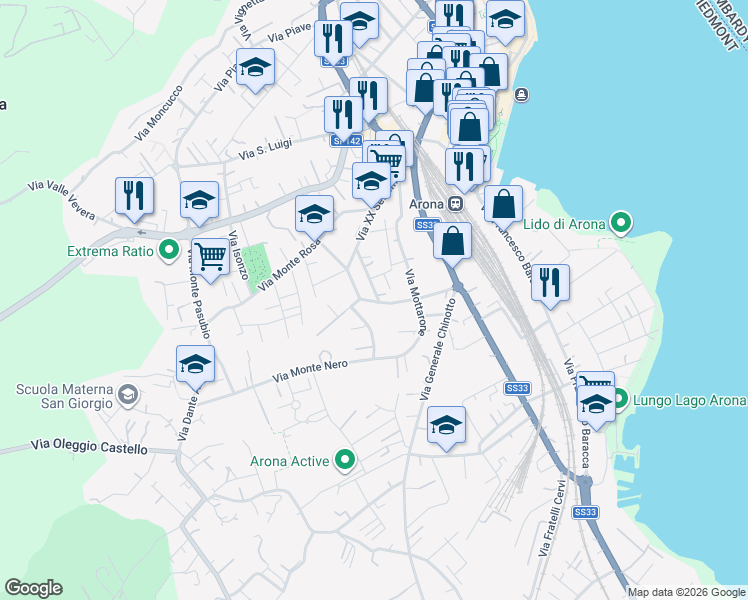 map of restaurants, bars, coffee shops, grocery stores, and more near 21 Via Monte Leone in Arona