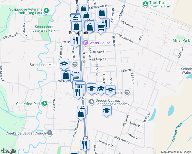map of restaurants, bars, coffee shops, grocery stores, and more near 52182 Southeast Eifall Place in Scappoose