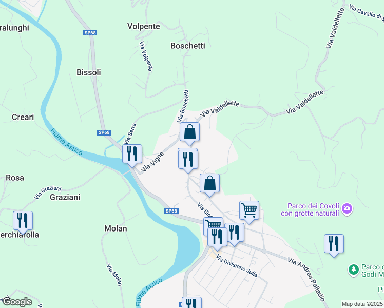 map of restaurants, bars, coffee shops, grocery stores, and more near 2 Via Principe Amedeo in Lugo di Vicenza