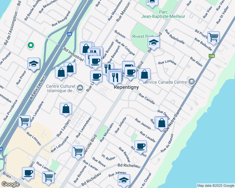 map of restaurants, bars, coffee shops, grocery stores, and more near 84 Boulevard Industriel in Repentigny