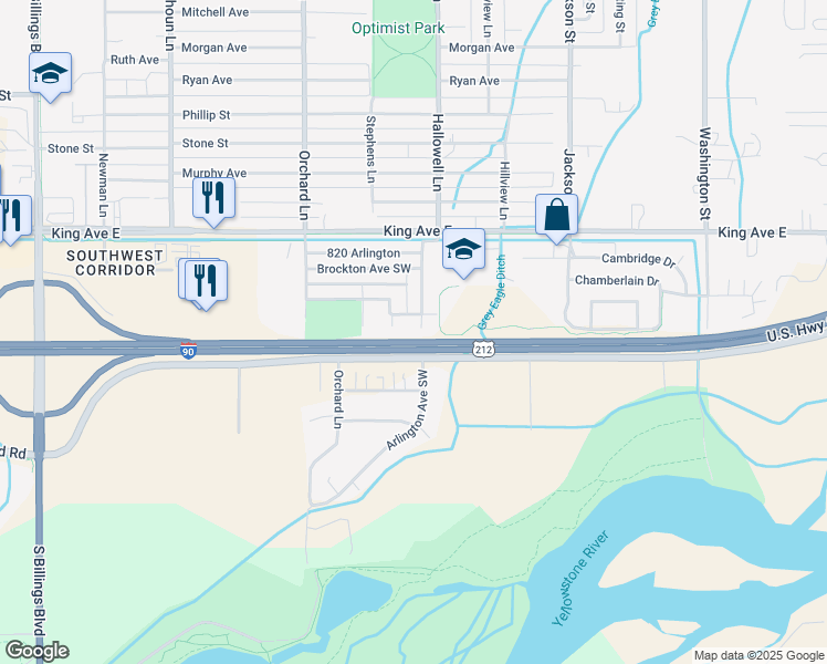 map of restaurants, bars, coffee shops, grocery stores, and more near 4202 North Carlton Avenue Southwest in Billings