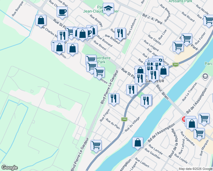 map of restaurants, bars, coffee shops, grocery stores, and more near 295 Boulevard Pierre le Gardeur in Repentigny