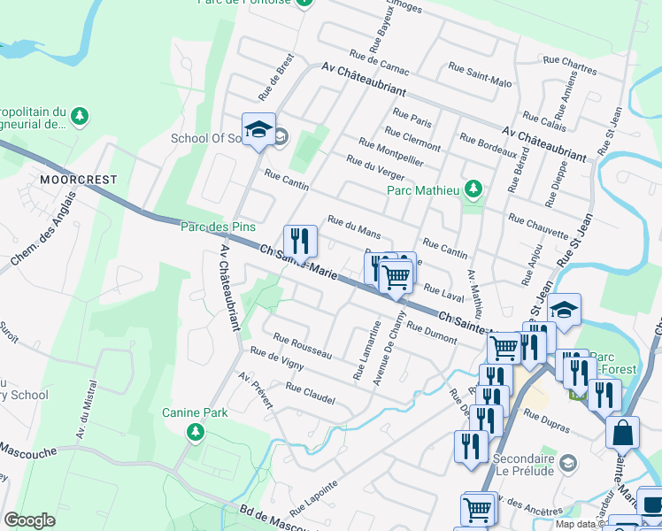 map of restaurants, bars, coffee shops, grocery stores, and more near 2543 Chemin Sainte Marie in Mascouche