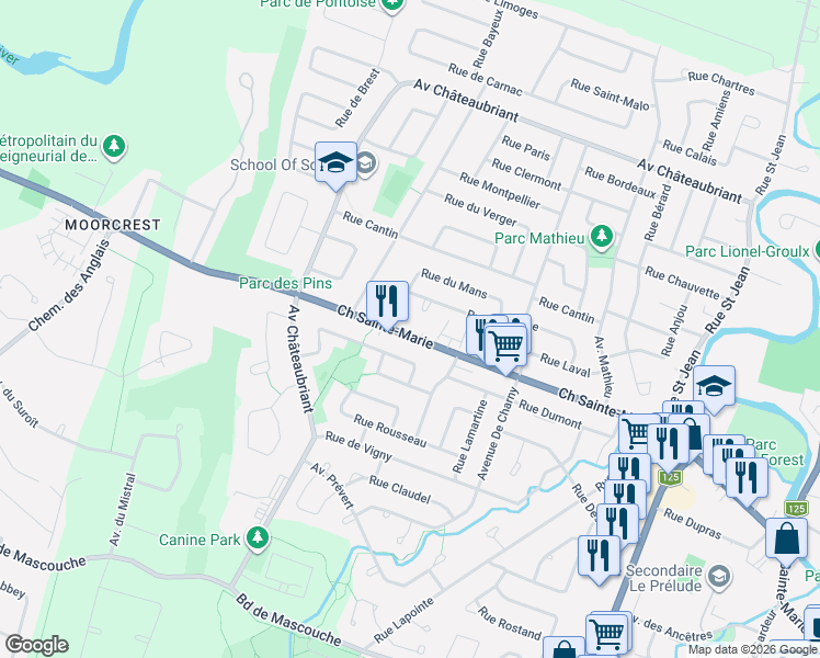 map of restaurants, bars, coffee shops, grocery stores, and more near 2525 Chemin Sainte Marie in Mascouche