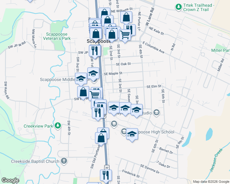 map of restaurants, bars, coffee shops, grocery stores, and more near 52166 Southeast 2nd Street in Scappoose