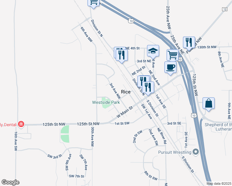 map of restaurants, bars, coffee shops, grocery stores, and more near 105 3rd Avenue Northwest in Rice