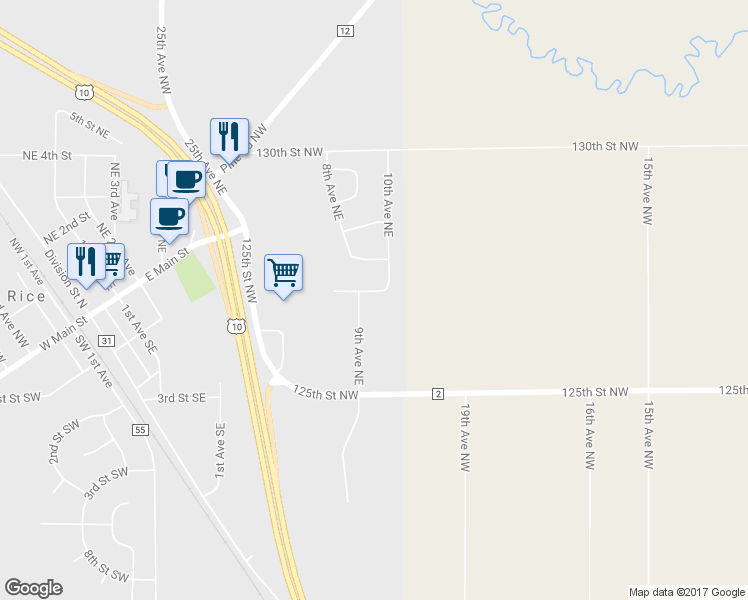 map of restaurants, bars, coffee shops, grocery stores, and more near 908 4th Street Northeast in Rice