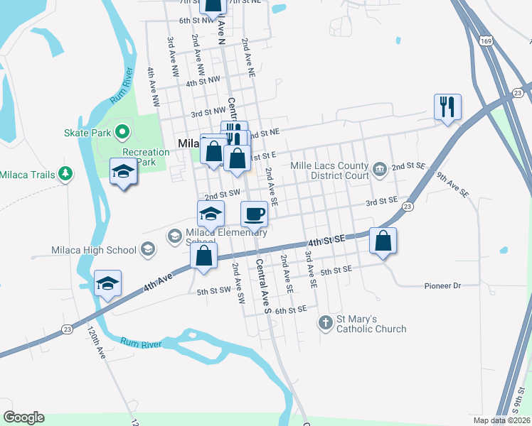 map of restaurants, bars, coffee shops, grocery stores, and more near 255 2nd Avenue Southeast in Milaca