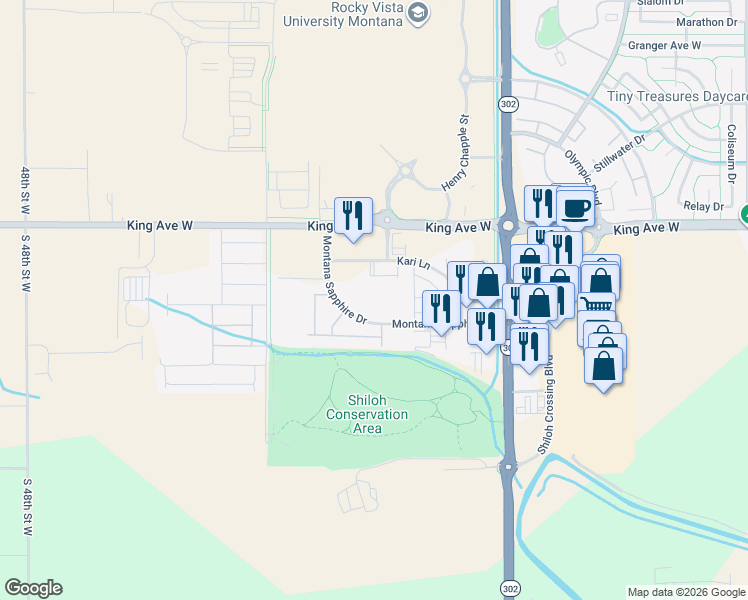 map of restaurants, bars, coffee shops, grocery stores, and more near 4215 Montana Sapphire Drive in Billings