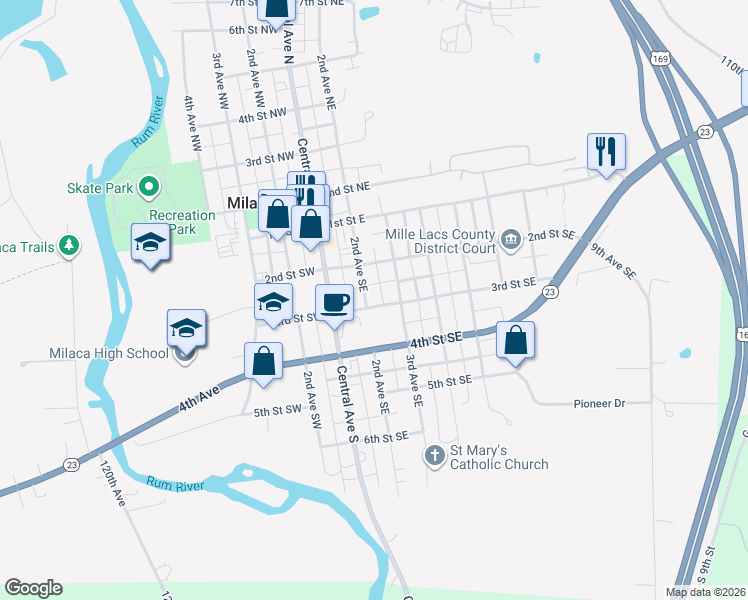 map of restaurants, bars, coffee shops, grocery stores, and more near 255 2nd Avenue Southeast in Milaca