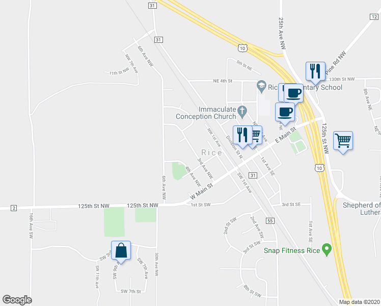 map of restaurants, bars, coffee shops, grocery stores, and more near 105 3rd Avenue Northwest in Rice