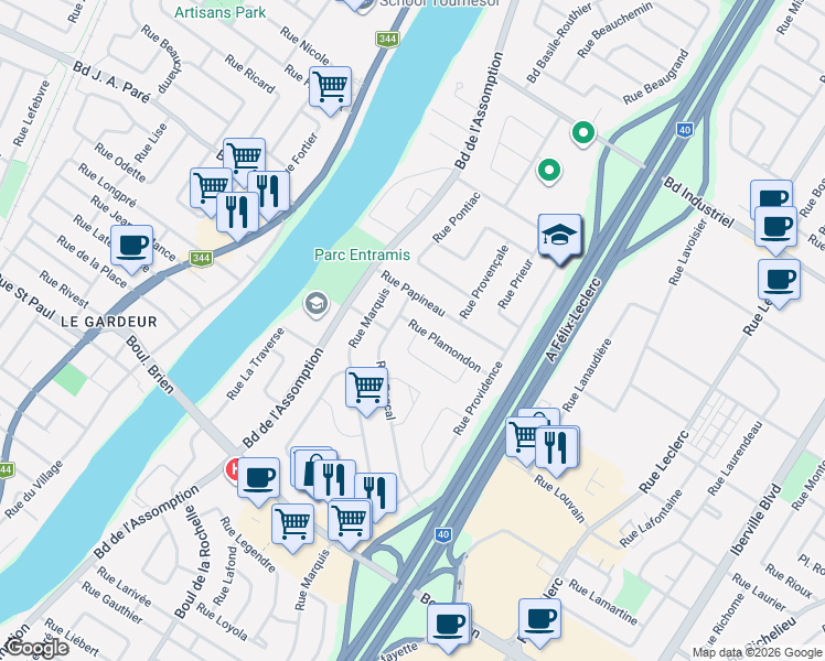 map of restaurants, bars, coffee shops, grocery stores, and more near 254 Rue Plessis in Repentigny