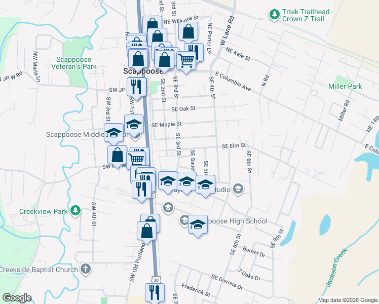 map of restaurants, bars, coffee shops, grocery stores, and more near 33691 Southeast Pickle Place in Scappoose