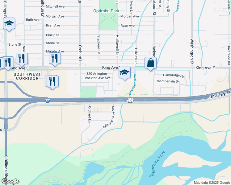 map of restaurants, bars, coffee shops, grocery stores, and more near 4202 North Carlton Avenue Southwest in Billings