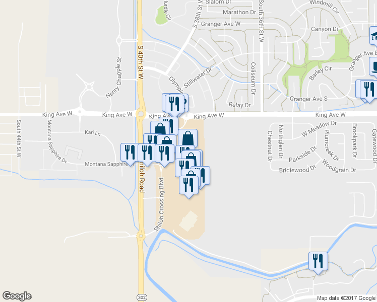 map of restaurants, bars, coffee shops, grocery stores, and more near 3900 King Avenue West in Billings