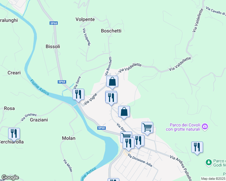 map of restaurants, bars, coffee shops, grocery stores, and more near 2 Via Principe Amedeo in Lugo di Vicenza