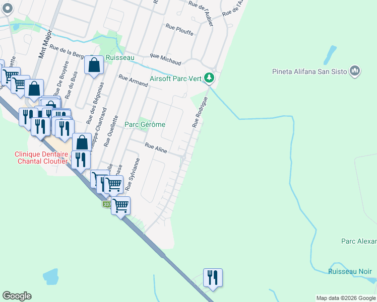 map of restaurants, bars, coffee shops, grocery stores, and more near 1241 Rue Rodrigue in Terrebonne