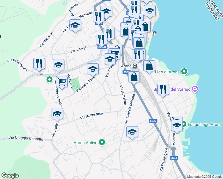 map of restaurants, bars, coffee shops, grocery stores, and more near 21 Via Monte Leone in Arona