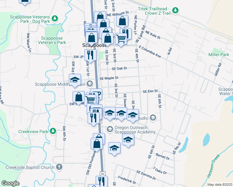 map of restaurants, bars, coffee shops, grocery stores, and more near 52050 Southeast 3rd Street in Scappoose
