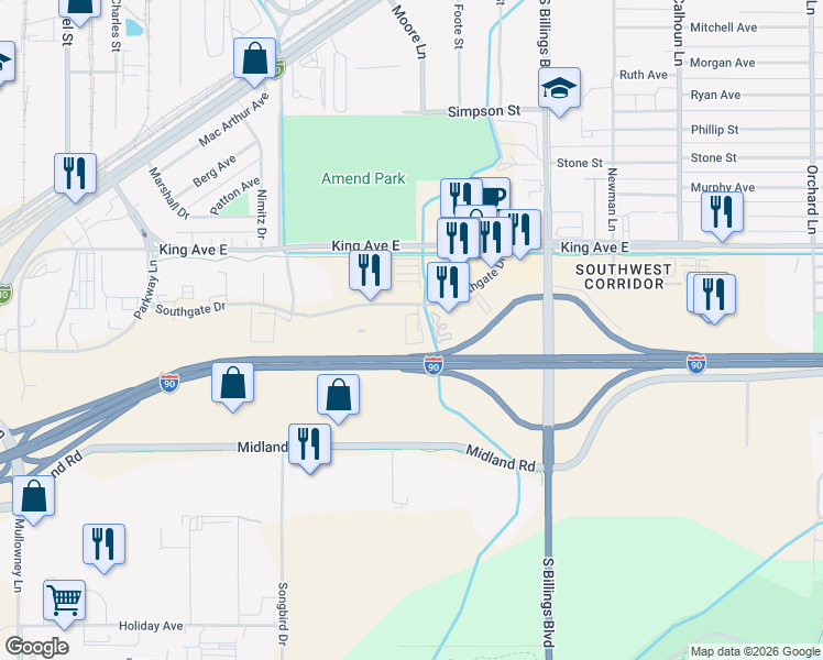 map of restaurants, bars, coffee shops, grocery stores, and more near 4950 Southgate Drive in Billings