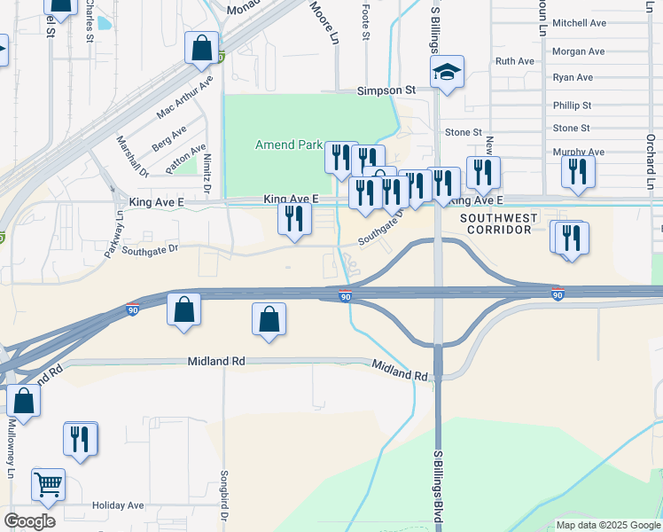 map of restaurants, bars, coffee shops, grocery stores, and more near 5000 Southgate Drive in Billings