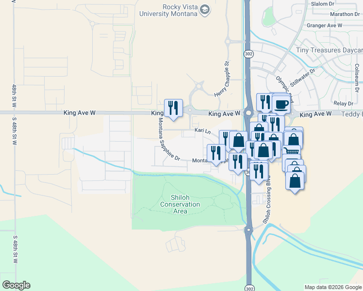 map of restaurants, bars, coffee shops, grocery stores, and more near 4215 Montana Sapphire Drive in Billings