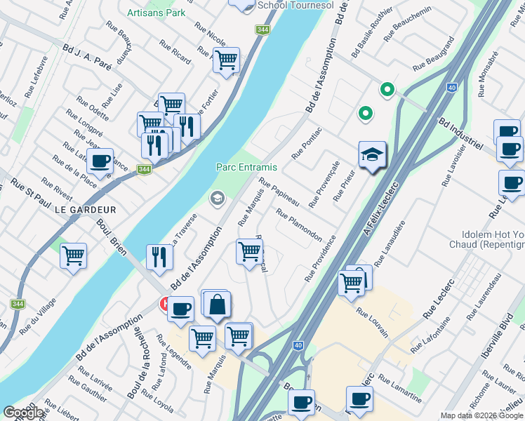 map of restaurants, bars, coffee shops, grocery stores, and more near 621 Rue Pascal in Repentigny