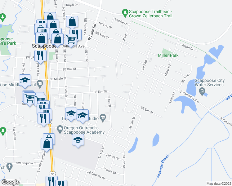 map of restaurants, bars, coffee shops, grocery stores, and more near 33973 Southeast Elm Street in Scappoose