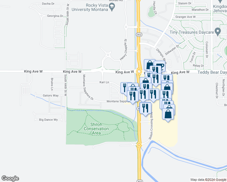 map of restaurants, bars, coffee shops, grocery stores, and more near 4160 King Avenue West in Billings