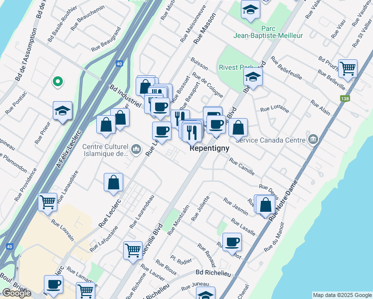 map of restaurants, bars, coffee shops, grocery stores, and more near 84 Boulevard Industriel in Repentigny