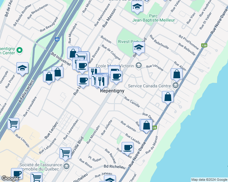 map of restaurants, bars, coffee shops, grocery stores, and more near 628 Iberville Boulevard in Repentigny