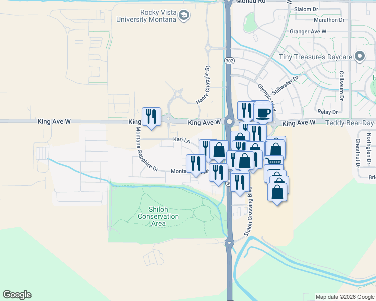 map of restaurants, bars, coffee shops, grocery stores, and more near 4160 King Avenue West in Billings