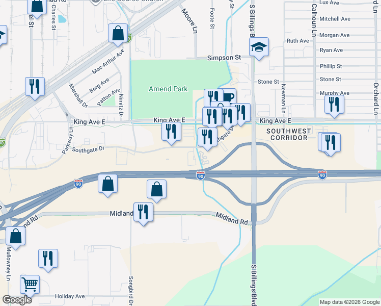 map of restaurants, bars, coffee shops, grocery stores, and more near 5000 Southgate Drive in Billings