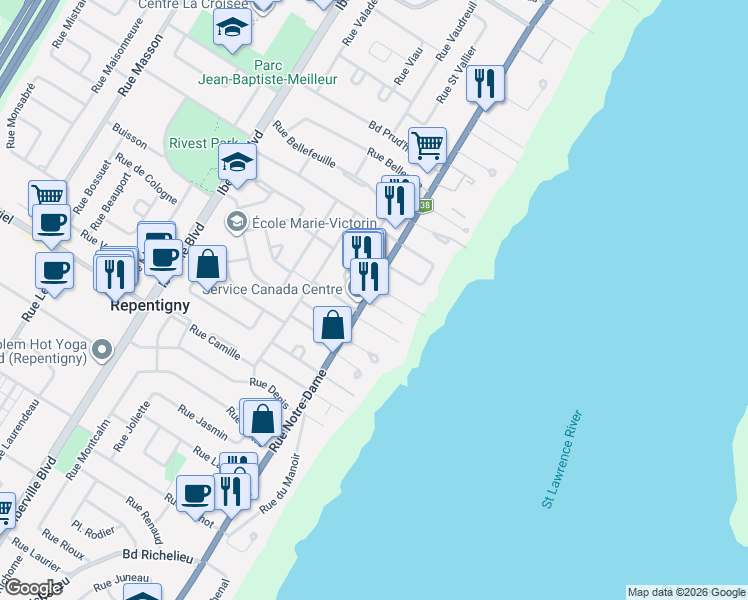 map of restaurants, bars, coffee shops, grocery stores, and more near 680 Rue Notre-Dame in Repentigny