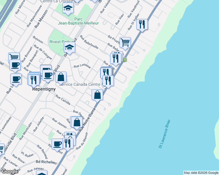 map of restaurants, bars, coffee shops, grocery stores, and more near 680 Rue Notre-Dame in Repentigny