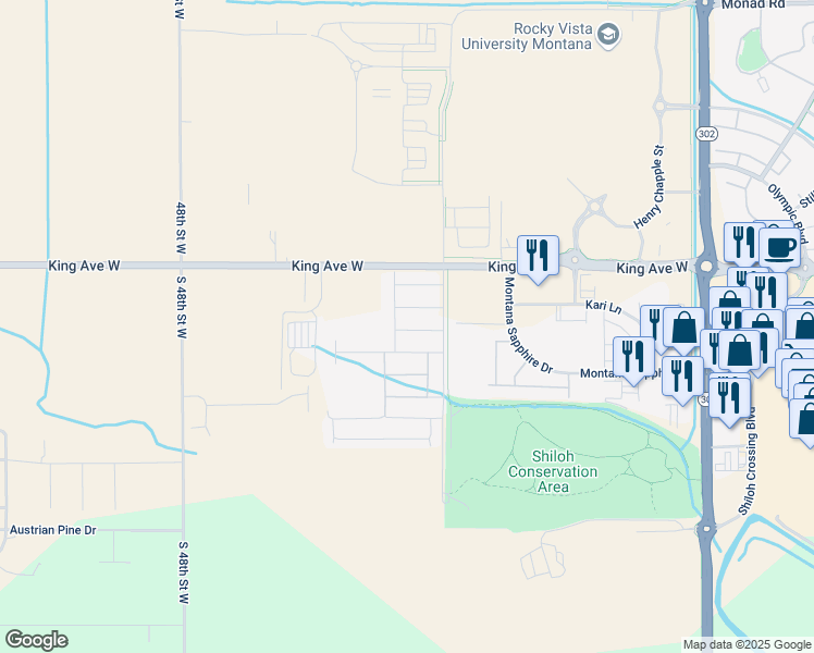 map of restaurants, bars, coffee shops, grocery stores, and more near 4415 Tar Heels Way in Billings