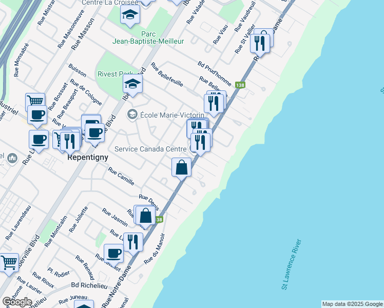 map of restaurants, bars, coffee shops, grocery stores, and more near 667 Rue Notre Dame in Repentigny