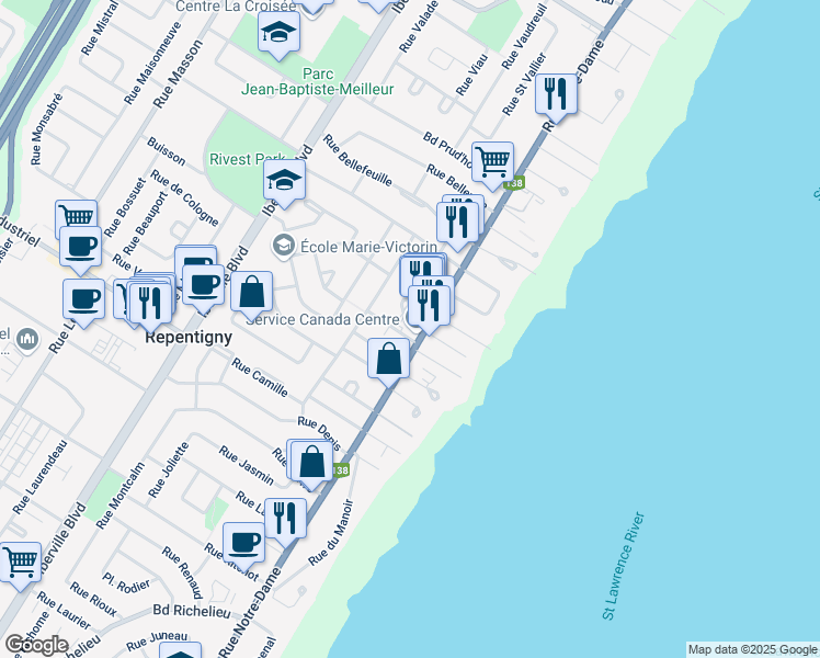 map of restaurants, bars, coffee shops, grocery stores, and more near 667 Rue Notre Dame in Repentigny
